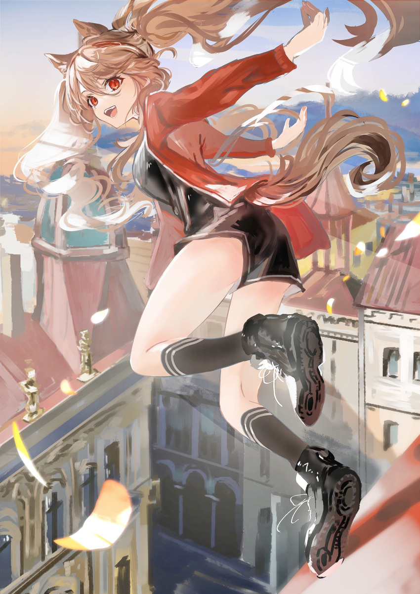 1girl :d angelina_(arknights) animal_ears arknights bare_legs black_footwear black_shirt black_shorts brown_hair building commentary fox_ears fox_tail from_side full_body hairband highres infection_monitor_(arknights) jacket kneehighs long_hair long_sleeves looking_to_the_side nanaponi open_clothes open_jacket open_mouth outdoors red_eyes red_hairband red_jacket rooftop shirt shoes shorts smile sneakers socks solo striped striped_hairband tail twintails white_jacket