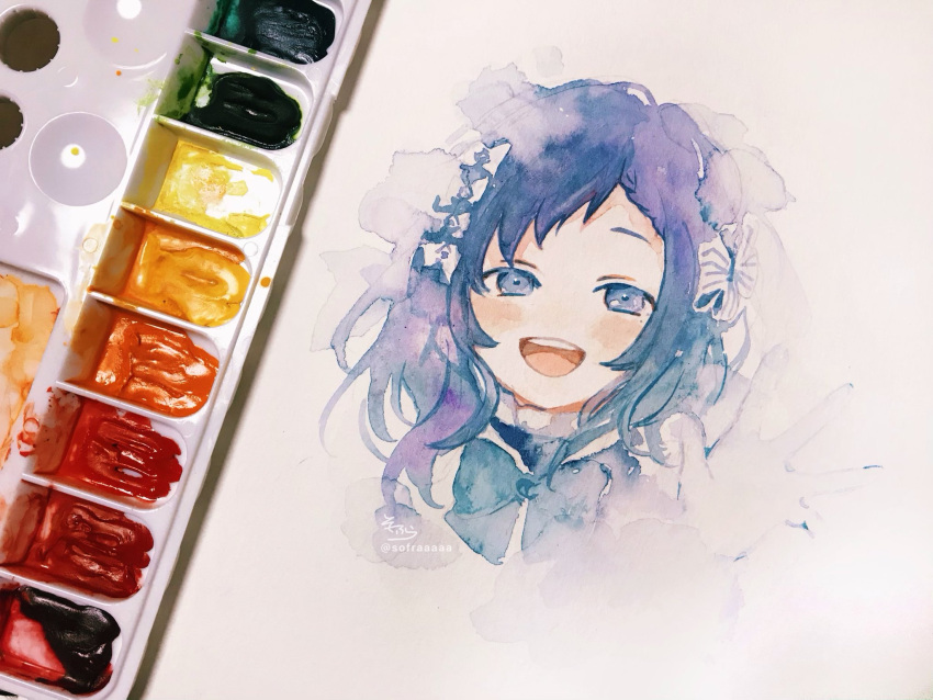 1girl :d aiba_uiha blue_bow blue_eyes blue_hair bow hair_bow hand_up highres looking_at_viewer nijisanji open_mouth photo_(medium) signature smile sofra solo striped striped_bow traditional_media twitter_username upper_teeth virtual_youtuber watercolor_(medium) white_bow