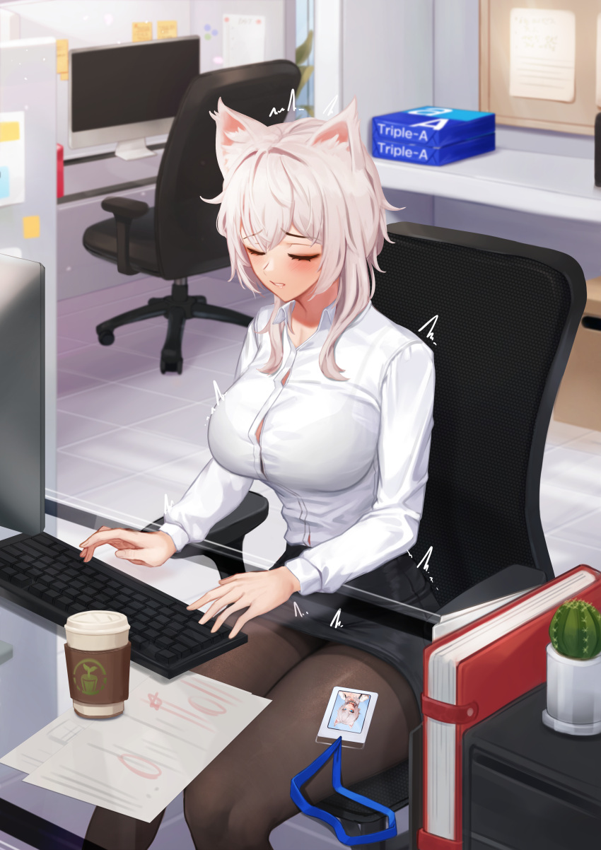 1girl absurdres animal_ears black_legwear black_skirt book breasts cat_ears cat_girl chair closed_eyes cup daydream_(zhdkffk21) disposable_cup dress_shirt highres huge_filesize id_card indoors keyboard_(computer) large_breasts long_sleeves miniskirt monitor office office_chair office_lady original pantyhose pencil_skirt shirt short_hair short_hair_with_long_locks sidelocks sitting skirt solo table white_hair white_shirt