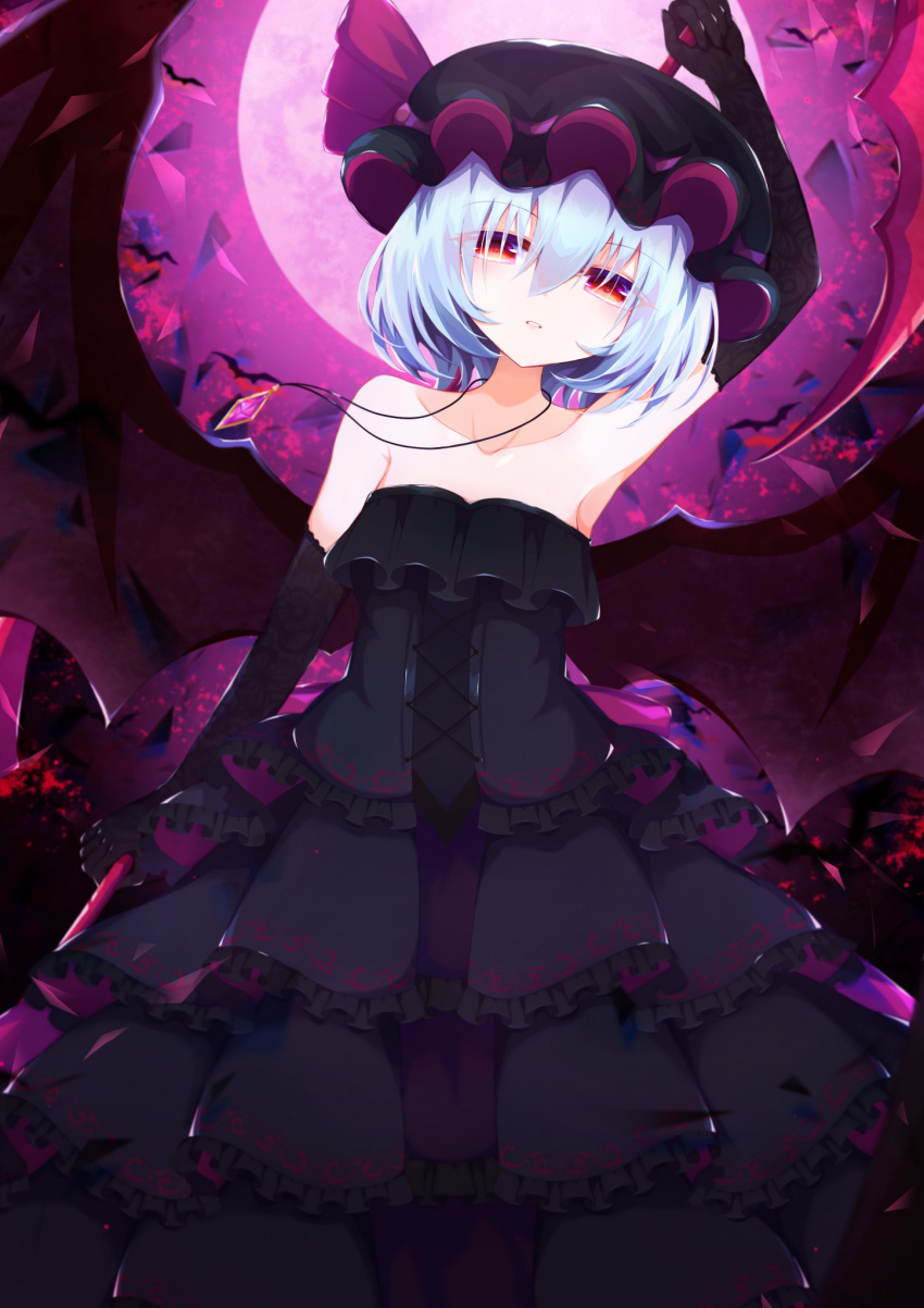 1girl arm_up bangs bare_shoulders bat bat_wings black_dress black_gloves black_headwear blue_hair closed_mouth crystal dress elbow_gloves eyebrows_visible_through_hair eyes_visible_through_hair gloves hair_between_eyes hand_up hat hat_ribbon highres jewelry looking_at_viewer mob_cap moon night night_sky pink_moon pink_ribbon red_eyes remilia_scarlet ribbon short_hair sky sleeveless solo standing teeth tomoe_(fdhs5855) touhou wings