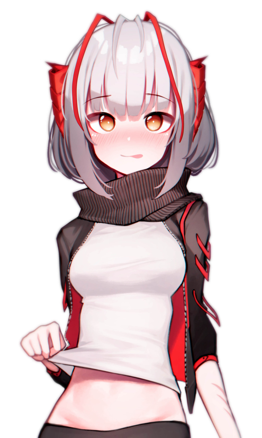 1girl absurdres antennae arknights bangs beudelb black_jacket black_scarf clothes_lift demon_horns eyebrows_visible_through_hair grey_hair highres horns jacket licking_lips open_clothes open_jacket orange_eyes red_horns scarf shirt shirt_lift simple_background smile solo stomach tongue tongue_out w_(arknights) white_shirt