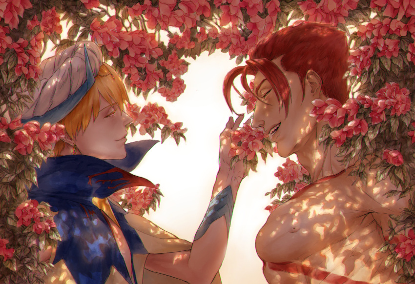 2boys arabian_clothes blonde_hair blush chest_tattoo closed_eyes completely_nude fate/grand_order fate_(series) floral_background flower_request from_side gilgamesh_(caster)_(fate) gilgamesh_(fate) highres large_pectorals leonidas_(fate) male_focus multiple_boys muscular muscular_male nipples nude pectorals redhead short_hair sib_(utau7) smile tattoo turban upper_body