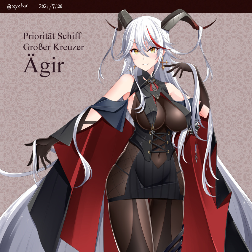 2021 absurdly_long_hair absurdres aegir_(azur_lane) artist_name azur_lane bare_shoulders black_cape black_dress black_gloves bodystocking boots breast_curtains breasts cape character_name covered_navel cross cross_earrings demon_horns dress earrings eyebrows_visible_through_hair gloves hebitsukai-san highres horns iron_cross jewelry knee_boots large_breasts long_hair looking_at_viewer medal microdress multicolored_hair panties redhead revealing_clothes simple_background single_knee_boot skin_tight skindentation sleeves streaked_hair string_panties two-tone_hair underwear very_long_hair white_hair yellow_eyes