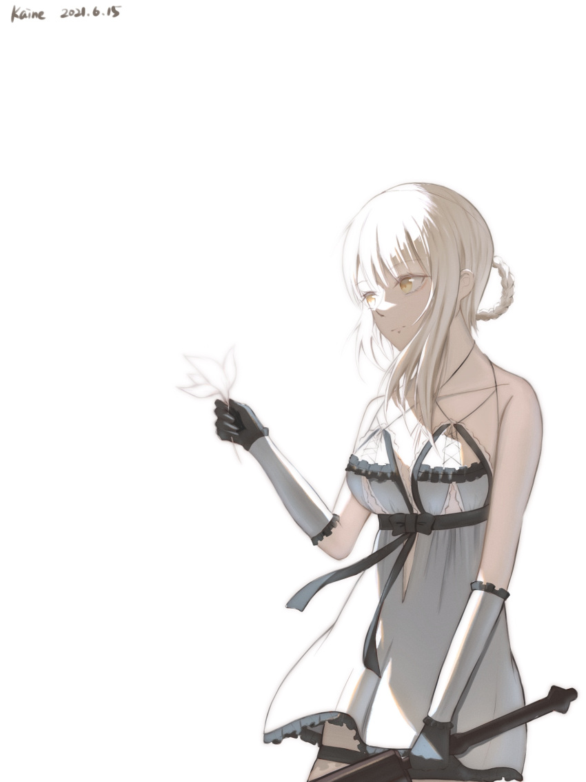 1girl asymmetrical_hair biiig black_bow black_gloves bow braid dated detached_sleeves flower gloves hair_rings highres holding holding_sword holding_weapon kaine_(nier) lingerie long_hair lunar_tear midriff_peek negligee nier nier_(series) simple_background solo sword thigh_strap underwear weapon white_background white_hair yellow_eyes