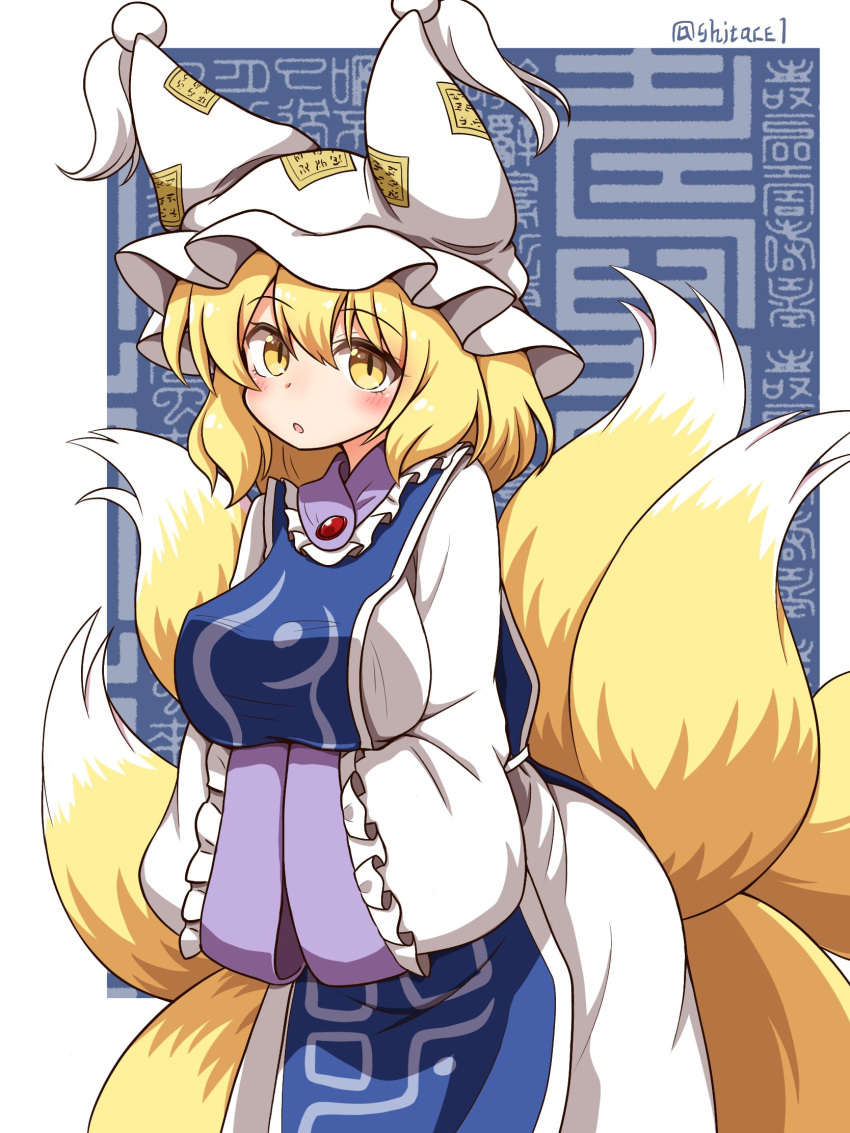 1girl :o animal_ears arms_under_breasts artist_name bangs blonde_hair blush breasts commentary_request cowboy_shot dress eyebrows_visible_through_hair fox_ears fox_tail frills hair_between_eyes hands_in_opposite_sleeves hat highres large_breasts long_sleeves looking_at_viewer medium_hair multiple_tails open_mouth pillow_hat shitacemayo simple_background solo tabard tail tassel touhou white_background white_dress white_headwear wide_sleeves yakumo_ran yellow_eyes