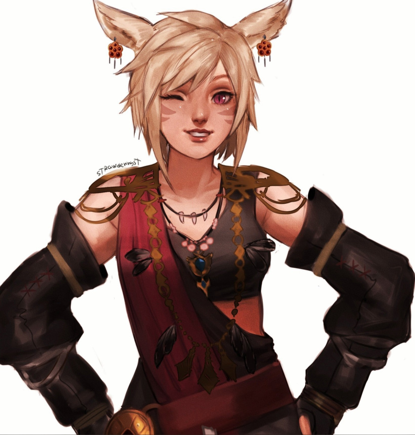1girl blonde_hair detached_sleeves earrings facial_mark final_fantasy final_fantasy_xiv grin hands_on_hips highres jewelry miqo'te necklace one_eye_closed smile tank_top violet_eyes whisker_markings