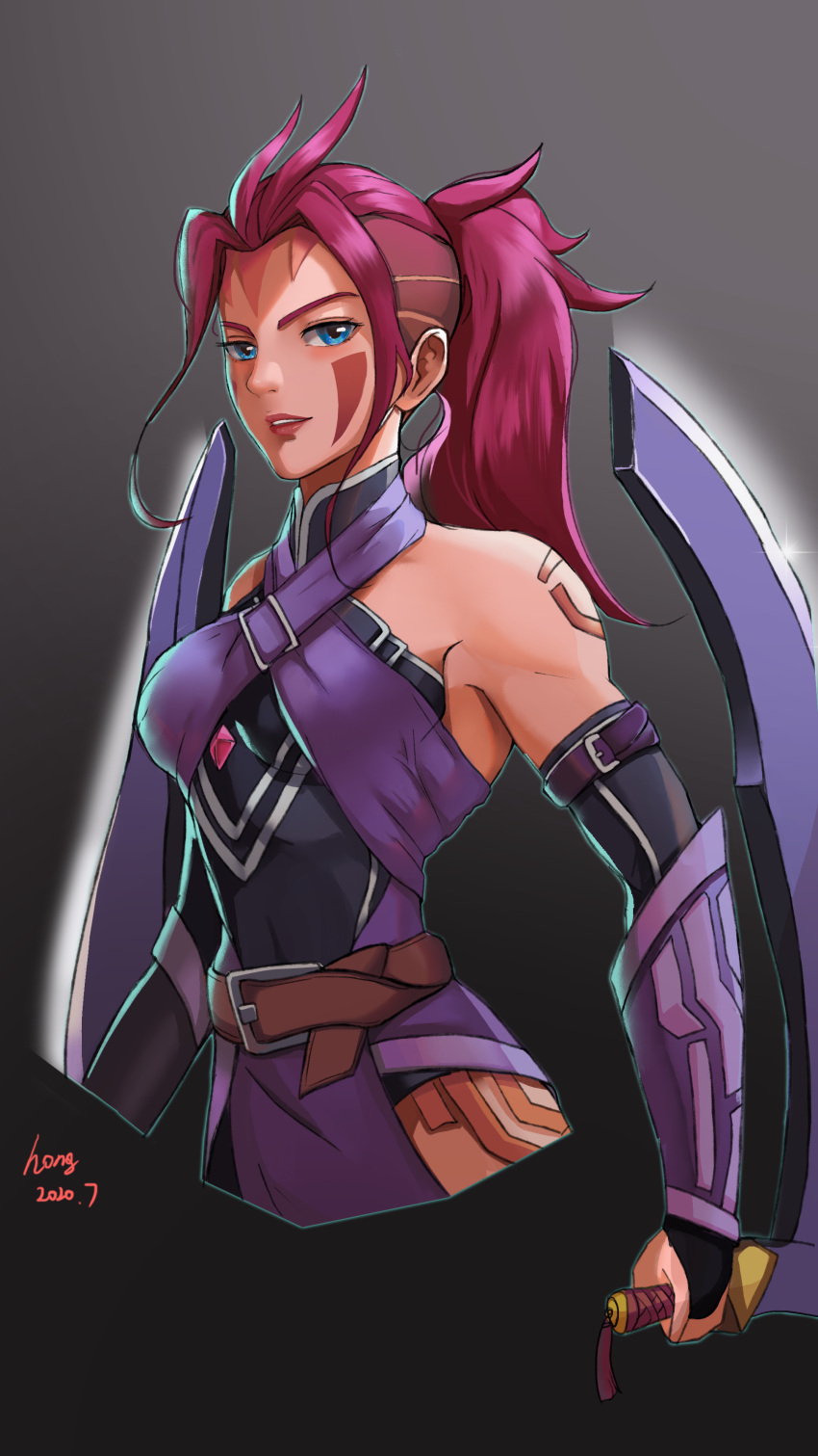 1girl absurdres antenna_hair anti-mage bangs bare_shoulders blue_eyes breasts defense_of_the_ancients dota_2 dual_wielding elbow_gloves facepaint fingerless_gloves gloves grin highres holding holding_sword holding_weapon hongweiyueyueniao long_hair looking_at_viewer ponytail purple_gloves purple_hair smile solo sword tattoo teeth v-shaped_eyebrows weapon wei_(dota_2)