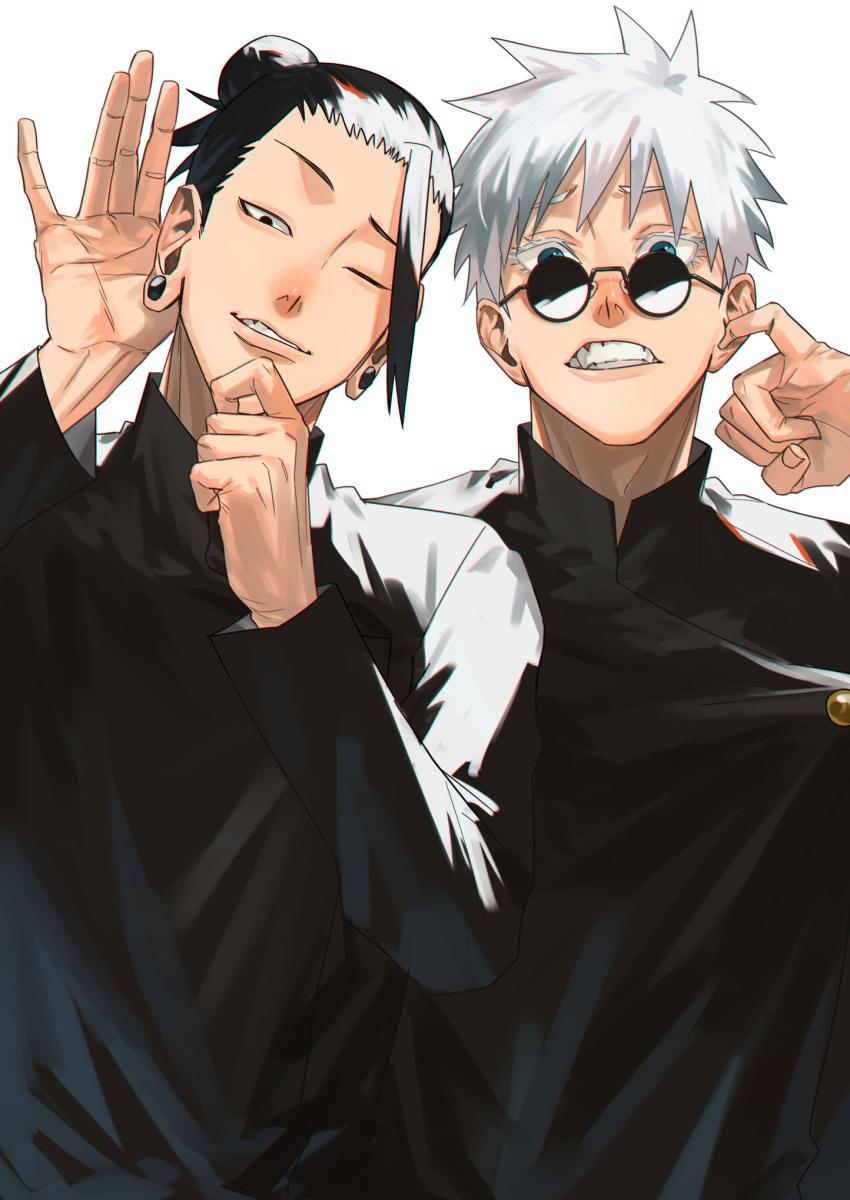 2boys bangs black_eyes black_hair black_jacket blue_eyes ear_piercing gakuran getou_suguru gojou_satoru hair_bun hair_pulled_back hands_up highres jacket jujutsu_kaisen long_sleeves looking_at_viewer male_focus mirin_(coene65) multiple_boys one_eye_closed parted_lips piercing round_eyewear school_uniform short_hair simple_background smile sunglasses teeth tsurime upper_body white_background white_hair