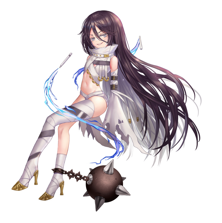 1girl absurdres asymmetrical_clothes ball_and_chain_restraint bare_shoulders blue_eyes brown_hair commentary_request detached_sleeves eyebrows_visible_through_hair facstxsb flail flat_chest full_body hair_between_eyes high_heels highres long_hair looking_at_viewer navel original revealing_clothes sharp_teeth single_thighhigh solo teeth thigh-highs torn_clothes very_long_hair weapon white_background