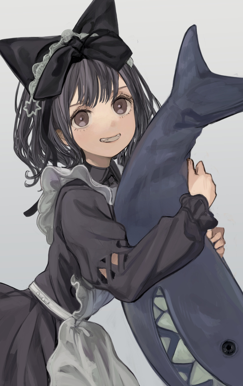 1girl absurdres animal_ears apron bangs black_bow black_dress black_hair bow brown_eyes cat_ears commentary_request dress fake_animal_ears grey_background grin hair_bow highres holding holding_stuffed_toy leaning_forward long_sleeves looking_at_viewer maid maid_apron object_hug original parted_lips short_hair simple_background smile solo stuffed_animal stuffed_shark stuffed_toy tokiwata_soul upper_body white_apron