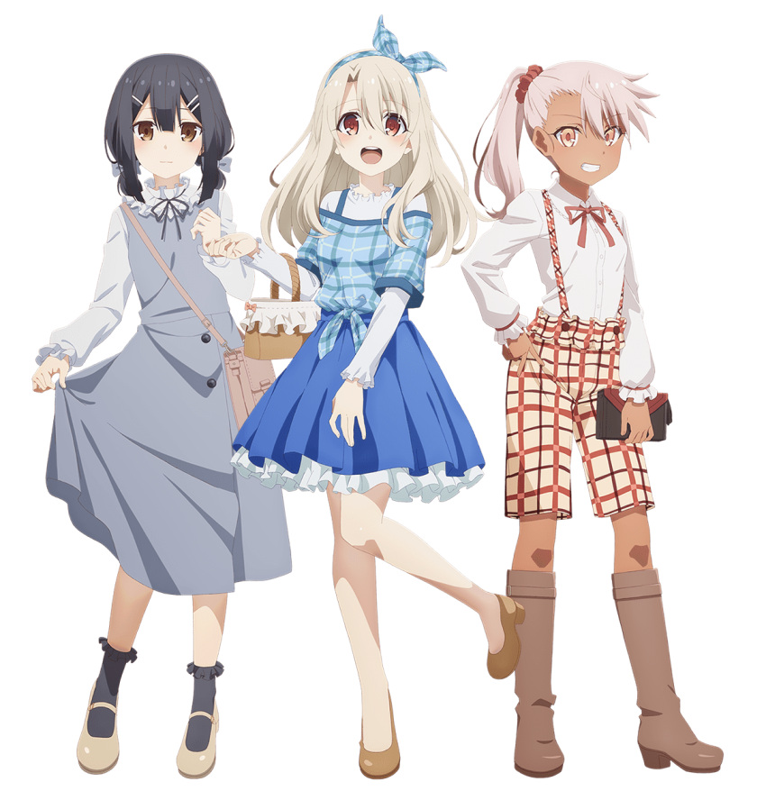 3girls :d black_hair bow bow_hairband chloe_von_einzbern fate/kaleid_liner_prisma_illya fate_(series) hairband highres illyasviel_von_einzbern miyu_edelfelt multiple_girls official_art open_mouth plaid plaid_bow red_eyes smile white_hair