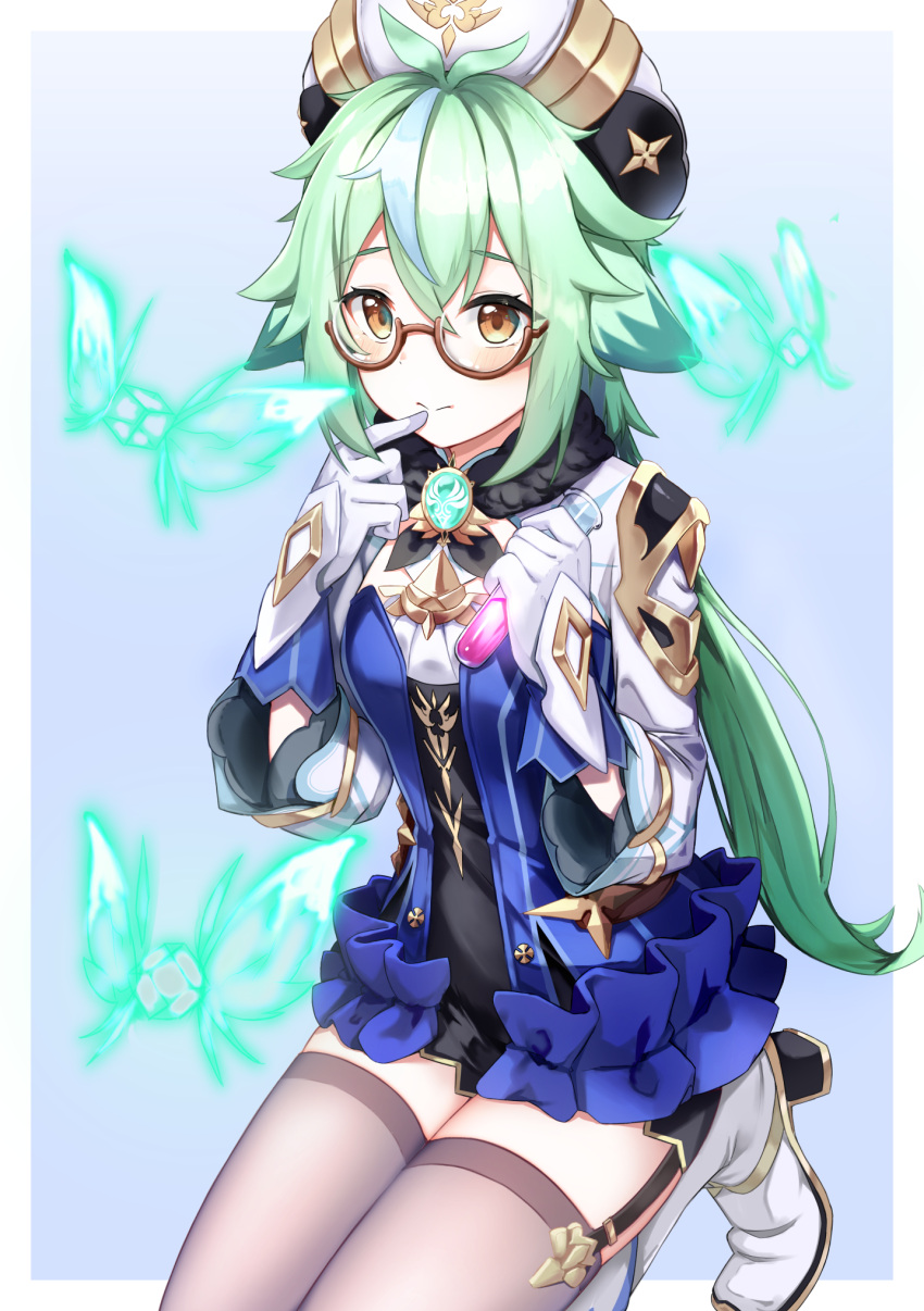 1girl animal_ears antenna_hair bangs blue_dress blush boots brown-framed_eyewear brown_legwear bug butterfly closed_mouth coma_(light825) commentary dress eyebrows_visible_through_hair finger_to_mouth fur_collar garter_straps genshin_impact glasses gloves glowing glowing_butterfly gradient gradient_background green_hair grey_background hair_between_eyes hand_up hat high_heel_boots high_heels highres holding holding_test_tube insect kneeling legs_together light_blue_hair long_hair looking_at_viewer multicolored_hair semi-rimless_eyewear sidelocks solo sucrose_(genshin_impact) test_tube thigh-highs two-tone_hair under-rim_eyewear vision_(genshin_impact) white_footwear white_gloves white_headwear yellow_eyes