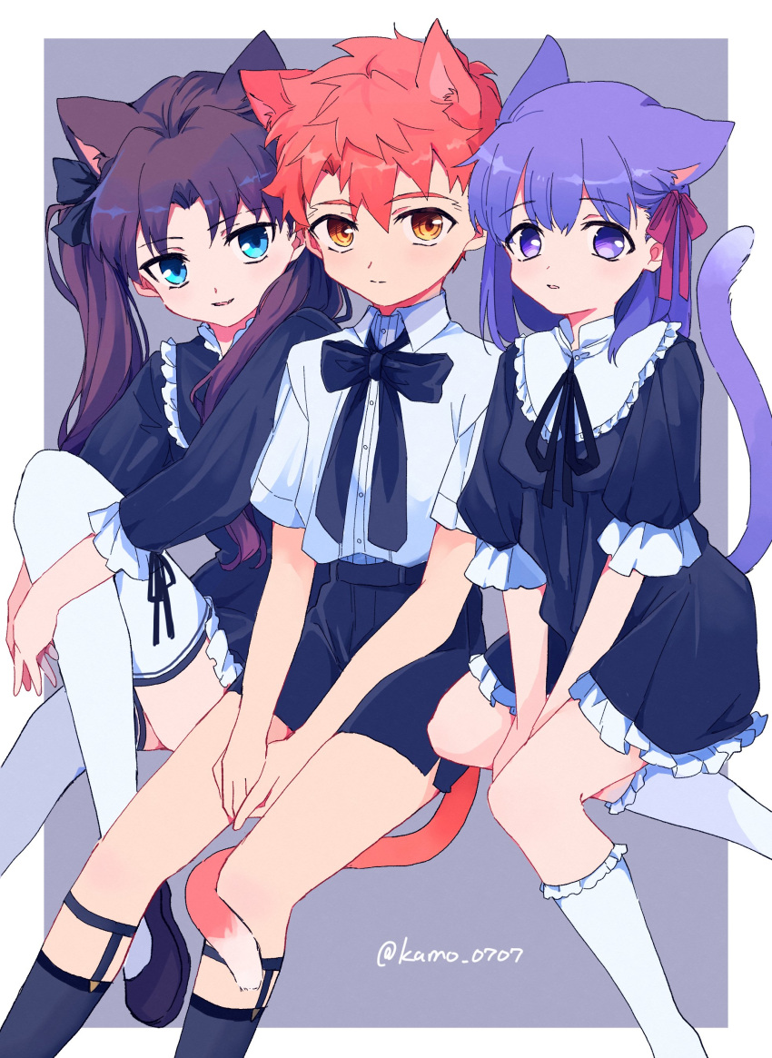 1boy 2girls absurdres animal_ears bangs black_bow black_dress black_hair black_neckwear black_ribbon black_shorts blue_eyes blush bow bowtie buttons cat_ears cat_tail closed_mouth collared_shirt dress emiya_shirou eyebrows_visible_through_hair fate/stay_night fate/zero fate_(series) frilled_dress frills hair_between_eyes hair_bow hair_ornament hair_ribbon highres kamo_0707 long_hair long_sleeves looking_at_viewer matou_sakura multiple_girls neck_ribbon orange_hair parted_bangs parted_lips pink_ribbon puffy_sleeves purple_hair ribbon shirt short_hair short_shorts short_sleeves shorts siblings sisters sitting smile symbol_commentary tail tohsaka_rin twitter_username two_side_up violet_eyes white_shirt yellow_eyes younger