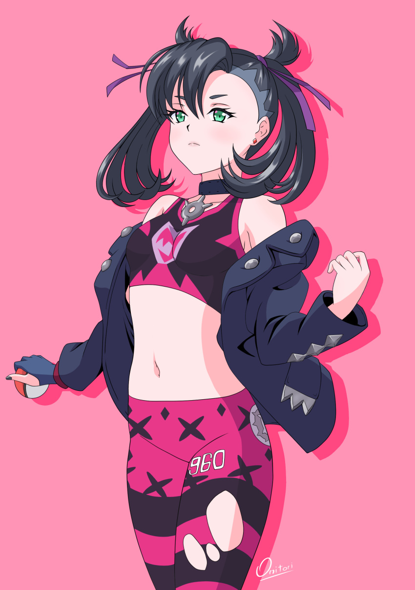 1girl absurdres asymmetrical_bangs bangs black_jacket black_nails breasts choker cowboy_shot earrings fingerless_gloves gloves green_eyes groin gym_leader hair_ribbon highres holding holding_poke_ball jacket jewelry lips looking_ahead marnie_(pokemon) midriff navel off-shoulder_jacket off_shoulder onitori pants pendant_choker pink_background poke_ball poke_ball_(basic) pokemon pokemon_(game) pokemon_swsh purple_ribbon ribbon shadow signature simple_background single_fingerless_glove single_glove small_breasts solo sports_bra tight tight_pants torn_clothes torn_pants twintails two_side_up