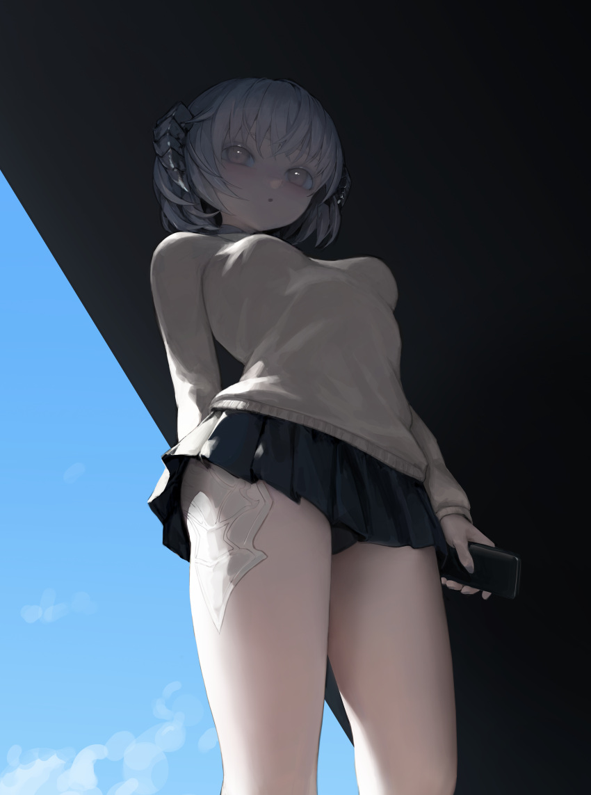 1girl absurdres black_skirt blue_sky breasts brown_eyes cellphone clouds day egk513 highres holding holding_phone horns huge_filesize looking_at_viewer medium_breasts original phone short_hair skirt sky solo standing sweater thighs white_hair white_sweater