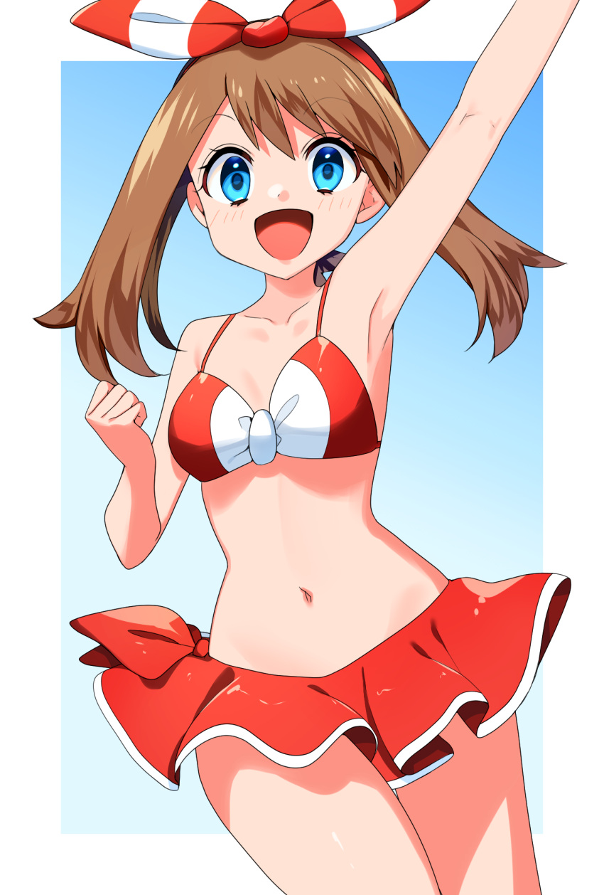 1girl :d arm_up armpits bangs bare_arms blue_eyes blush bow_hairband breasts brown_hair clenched_hand collarbone commentary_request cowboy_shot eyebrows_visible_through_hair eyelashes hairband highres long_hair looking_at_viewer may_(pokemon) navel open_mouth pokemon pokemon_(game) pokemon_oras red_hairband red_swimsuit smile solo swimsuit tongue yuihico