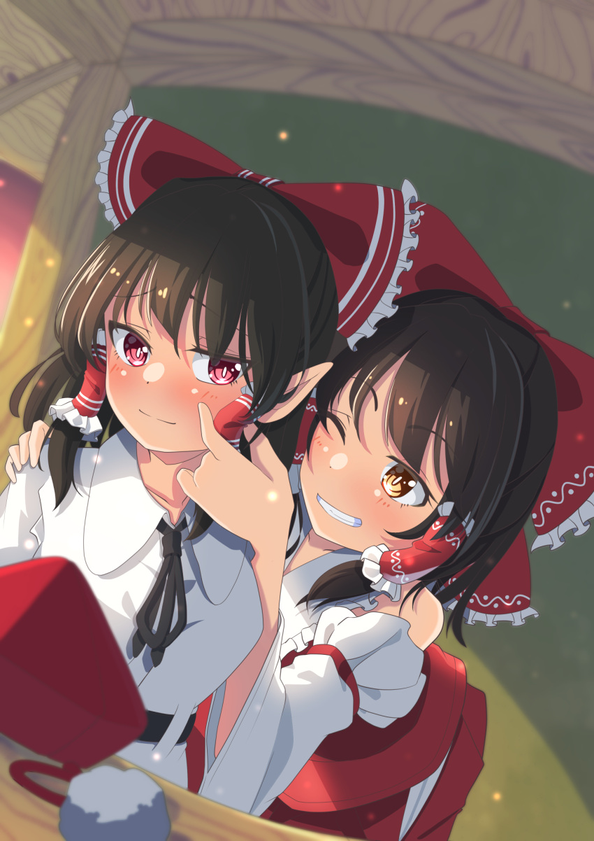 2girls alternate_hairstyle amanoyayuki ascot black_hair black_ribbon blush bow brown_eyes collared_shirt commentary_request detached_sleeves frilled_bow frills hair_bow hair_tubes hakurei_reimu hakurei_shrine hat highres indoors medium_hair multiple_girls nontraditional_miko one_eye_closed pom_pom_(clothes) red_bow red_eyes ribbon ribbon-trimmed_sleeves ribbon_trim shameimaru_aya shirt sidelocks skirt skirt_set smile tokin_hat touhou white_shirt wide_sleeves yellow_neckwear