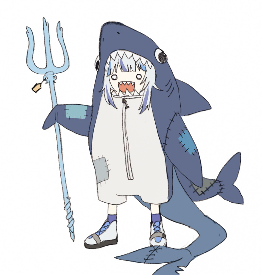 1girl animal_costume blue_hair fish_tail gawr_gura highres holding holding_weapon hololive hololive_english multicolored_hair open_mouth polearm quasarcake shark_costume shark_tail sharp_teeth silver_hair solo streaked_hair tail teeth trident virtual_youtuber weapon white_background white_eyes white_footwear