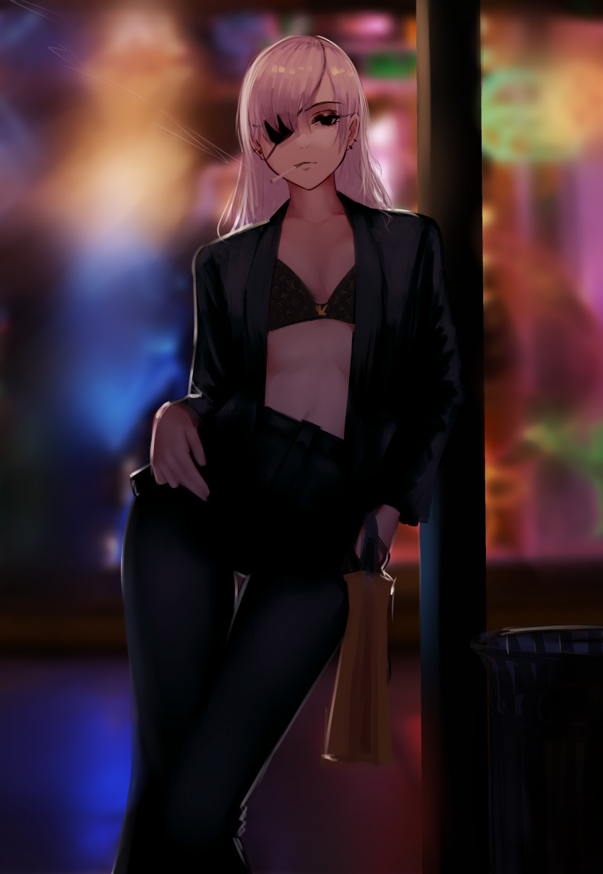 1girl absurdres bangs black_bra black_eyepatch black_eyes blurry blurry_background bra breasts business_suit chainsaw_man cigarette ear_piercing expressionless eyepatch formal hand_on_hip highres jacket leaning_to_the_side long_hair looking_at_viewer medium_breasts open_clothes open_jacket piercing quanxi_(chainsaw_man) smoking suit underwear white_hair zaki_(zaki_btw)