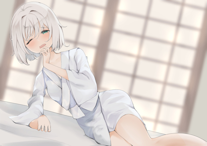 1girl 258n alternate_costume arm_support bangs blurry blurry_background blush breasts collarbone depth_of_field dutch_angle eyebrows_visible_through_hair green_eyes grey_robe hair_intakes hand_on_own_chin hand_up highres indoors konpaku_youmu looking_at_viewer lying medium_breasts no_headwear on_bed on_side one_eye_closed open_mouth raised_eyebrows short_hair silver_hair sitting sleepy sleeves_past_elbows solo touhou waking_up wide_sleeves yokozuwari