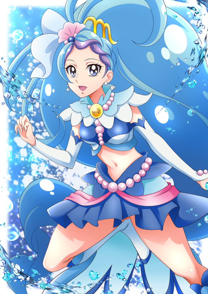 1girl :d absurdly_long_hair air_bubble ass_visible_through_thighs bangs blue_eyes blue_hair blue_shirt blue_skirt boots breasts bubble commentary_request cowboy_shot crop_top cure_mermaid detached_sleeves earrings go!_princess_precure hand_up hanzou highres jewelry knee_boots long_hair looking_at_viewer magical_girl medium_breasts midriff multicolored_hair navel necklace open_mouth parted_bangs pearl_necklace precure purple_hair shell shell_earrings shirt sidelocks skirt sleeveless sleeveless_shirt smile solo standing standing_on_one_leg streaked_hair two-tone_hair very_long_hair water white_footwear white_sleeves