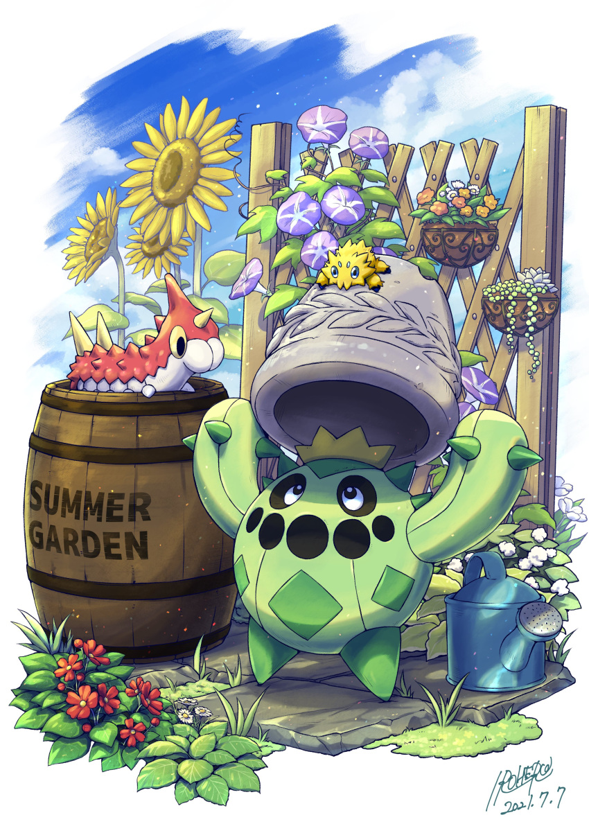 absurdres barrel black_eyes bright_pupils cacnea clouds commentary_request day fence flower flower_pot gen_3_pokemon gen_5_pokemon highres holding irohero joltik looking_up no_humans outdoors pokemon pokemon_(creature) red_flower sky sunflower watering_can white_pupils wurmple