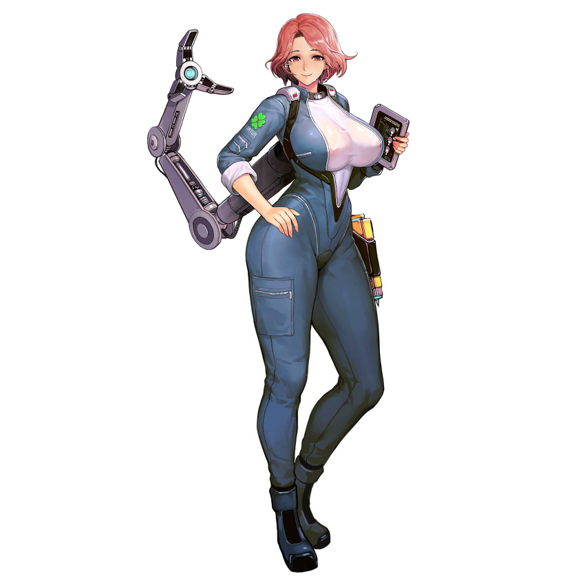 1girl bangs bodysuit boots breasts collar fortune_(last_origin) full_body game_cg hand_on_hip harness highres impossible_clothes impossible_shirt large_breasts last_origin looking_at_viewer mechanical_arms official_art parted_bangs pink_eyes pink_hair see-through shirt short_hair sima_(startwitch) single_mechanical_arm sleeves_rolled_up smile solo sweatdrop tablet_pc tachi-e transparent_background wide_hips