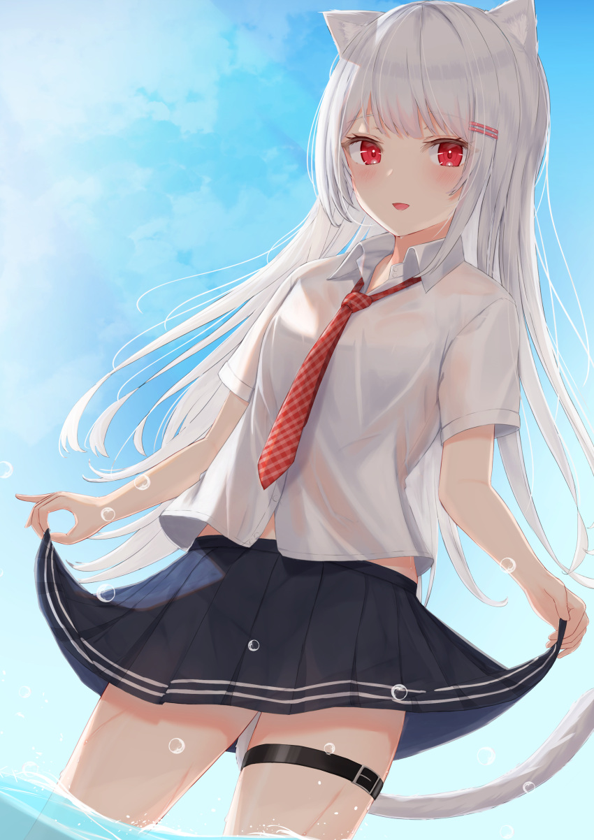 1girl absurdres animal_ears bangs blue_sky blush bow bowtie cat_ears cat_tail commentary_request eyebrows_visible_through_hair grey_hair highres long_hair looking_at_viewer original outdoors red_eyes school_uniform short_sleeves sidelocks skirt skirt_hold sky smile solo splashing standing tail tail_raised tanshio thigh_strap thighs uniform wading water wet wet_clothes white_hair