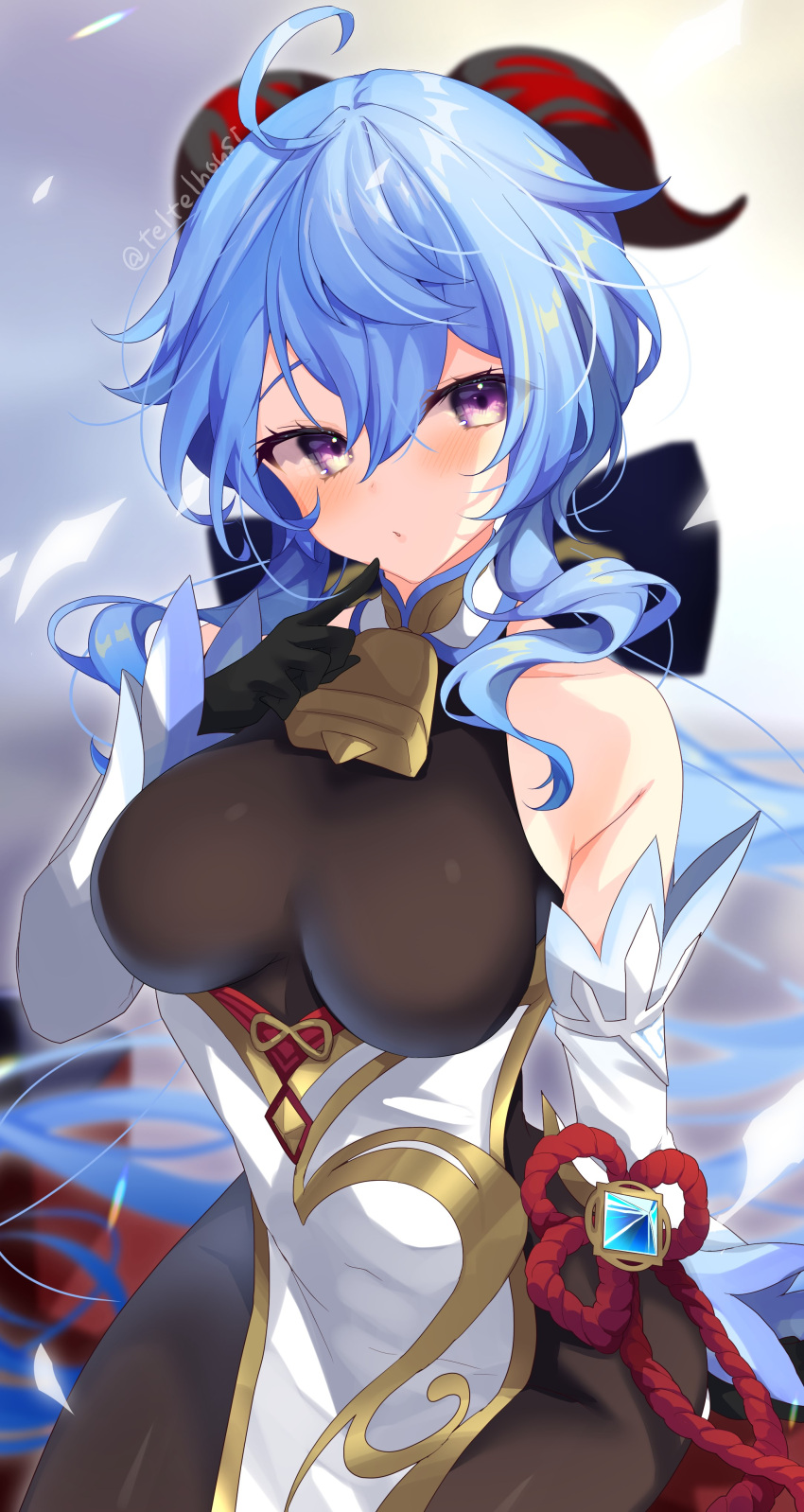 absurdres ahoge artist_name bangs bare_shoulders bell black_gloves black_legwear blue_hair blush bow breasts chinese_knot detached_sleeves finger_to_mouth flower_knot ganyu_(genshin_impact) genshin_impact gloves gold_trim highres horns large_breasts long_hair multicolored_eyes neck_bell parted_lips red_rope rope sidelocks sitting solo teltelhousi twitter_username violet_eyes vision_(genshin_impact) white_sleeves