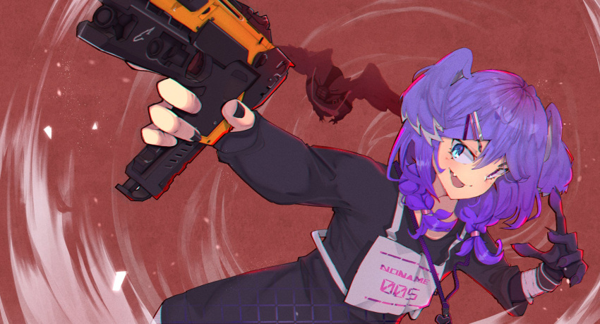 1girl alternator apex_legends black_nails black_sweater blue_eyes dragon ember_(selen_tatsuki) gun head_wings heterochromia highres holding holding_gun holding_weapon jewelry kitanxjk necklace nijisanji nijisanji_en open_hand open_mouth purple_hair selen_tatsuki smile solo submachine_gun sweater violet_eyes virtual_youtuber weapon