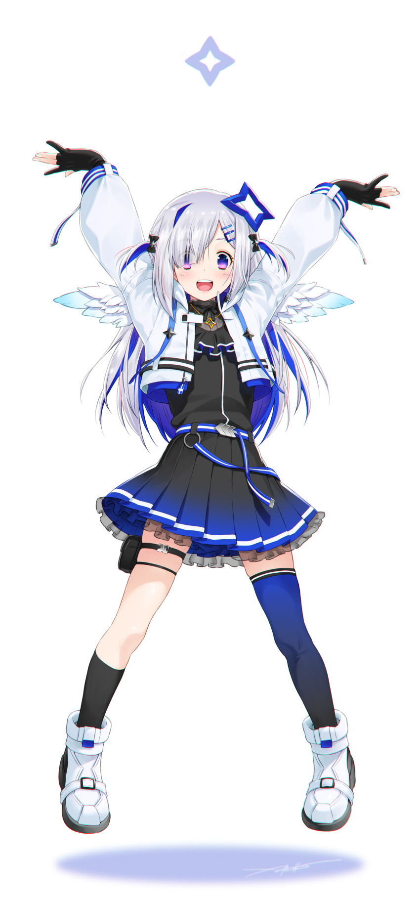 1girl absurdres amane_kanata angel_wings asymmetrical_legwear bangs belt black_bow black_legwear black_shirt black_skirt blue_hair blue_legwear blue_skirt bow eyebrows_visible_through_hair feathered_wings fingerless_gloves full_body gloves gradient gradient_legwear gradient_skirt hair_bow hair_ornament hair_over_one_eye hairclip hands_up highres hololive holster jacket jewelry kazuma_muramasa legs_apart long_hair looking_at_viewer multicolored_hair neck_ruff necklace official_alternate_costume open_clothes open_jacket open_mouth pleated_skirt shirt shoes sidelocks signature silver_hair single_thighhigh skindentation skirt smile sneakers solo streaked_hair swept_bangs thigh-highs thigh_holster thigh_strap uneven_legwear upper_teeth violet_eyes virtual_youtuber white_jacket wings
