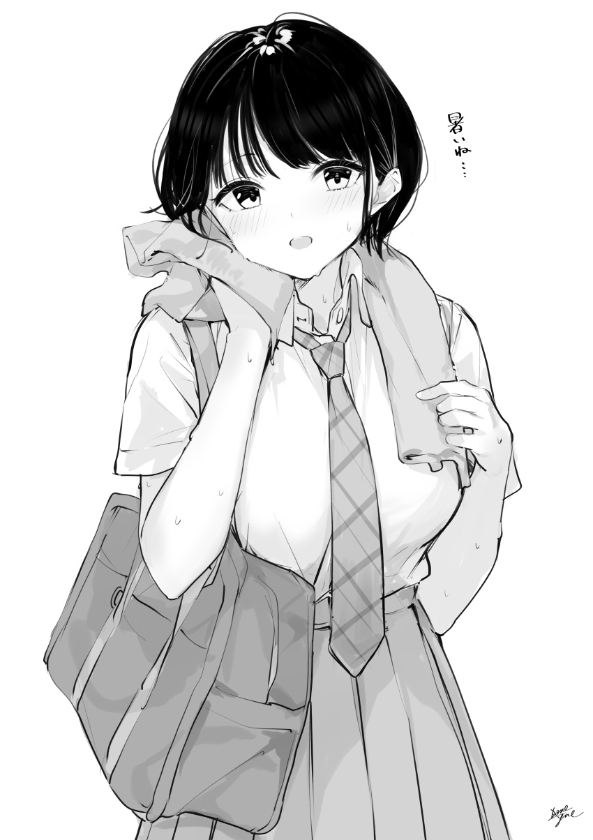 1girl absurdres bag bangs blush breasts collared_shirt commentary_request greyscale hands_up highres looking_at_viewer medium_breasts monochrome necktie open_mouth original pleated_skirt school_bag school_uniform shirt signature simple_background skirt solo sweat takenoko_no_you towel towel_on_head translation_request upper_teeth white_background