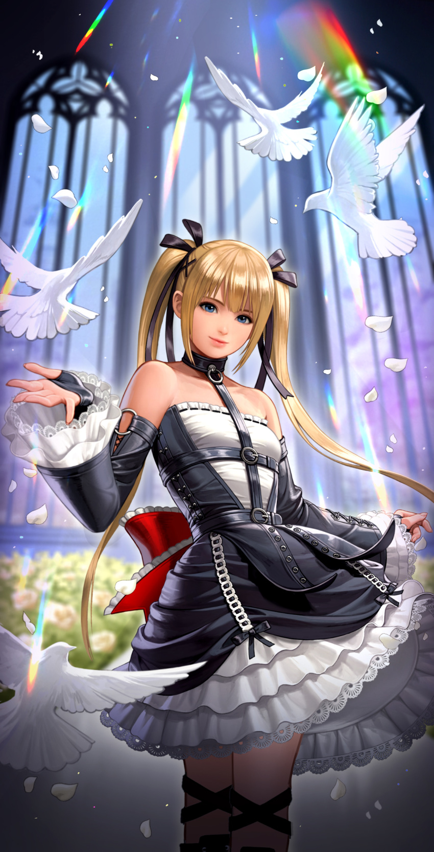 1girl absurdres bangs blonde_hair blue_eyes breasts commentary_request dead_or_alive dead_or_alive_6 detached_sleeves gothic_lolita highres lolita_fashion long_hair looking_at_viewer mary_rose official_art simple_background small_breasts smile the_king_of_fighters the_king_of_fighters_all-stars tied_hair twintails