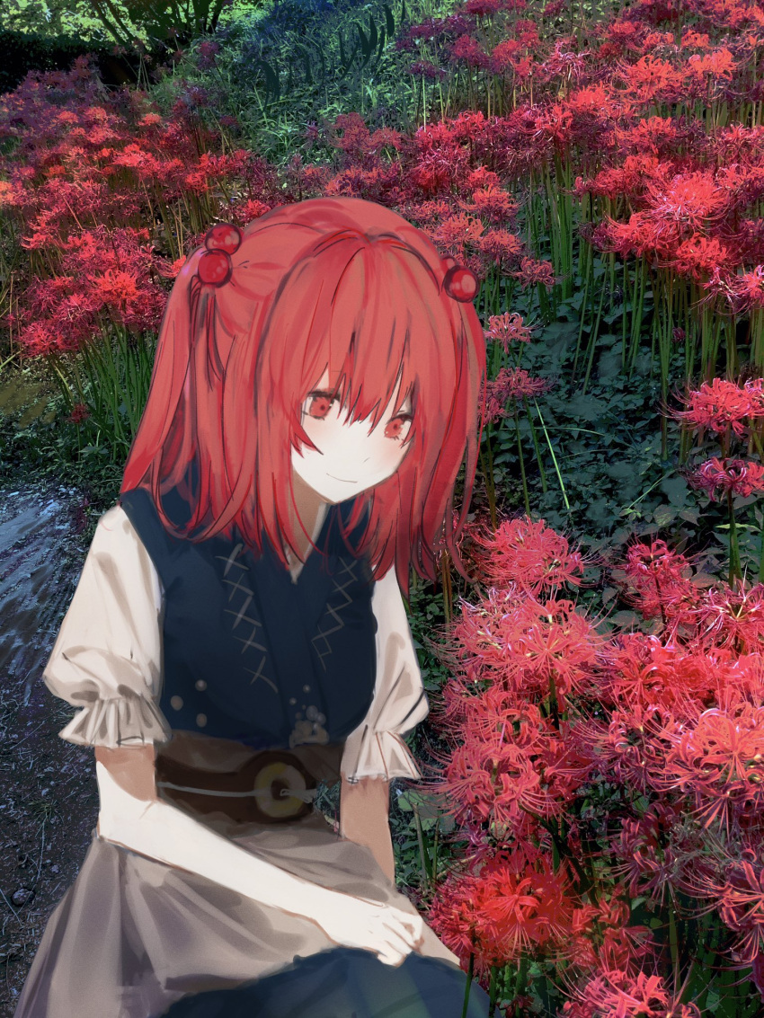 1girl bangs blue_robe blush breasts closed_mouth cowboy_shot day eyebrows_behind_hair field flower flower_field hair_between_eyes hair_bobbles hair_ornament highres kneeling koyomiyoko_o light_smile looking_down medium_breasts medium_hair obi onozuka_komachi outdoors puffy_short_sleeves puffy_sleeves red_eyes red_flower redhead sash short_sleeves solo spider_lily touhou two_side_up water