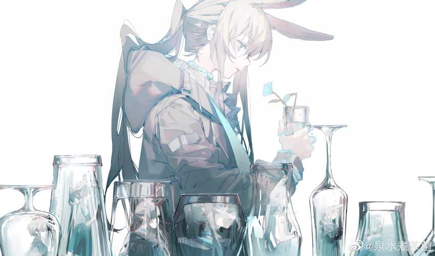 1girl absurdres amiya_(arknights) animal_ears arknights ascot black_jacket blue_collar blue_eyes blue_flower blue_neckwear brown_hair chinese_commentary collar cup extra_ears flower from_side highres holding holding_cup hood hood_down jacket long_hair ponytail rabbit_ears simple_background solo upper_body weibo_username white_background