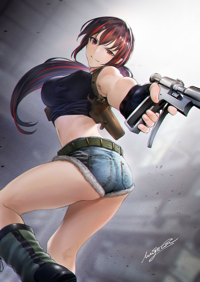 1girl absurdres ass belt black_hair black_lagoon black_tank_top boots breasts cosplay denim denim_shorts fighting_stance fingerless_gloves gloves highres holding jet_injector midriff mugetsu2501 multicolored_hair ponytail redhead reference_work revy_(black_lagoon) revy_(black_lagoon)_(cosplay) shorts solo souyakuchan tank_top two-tone_hair
