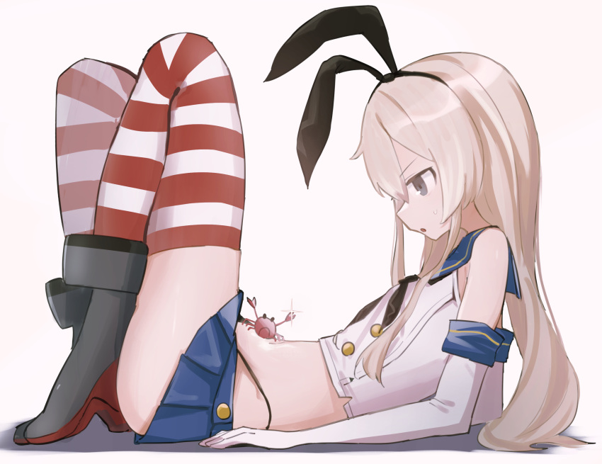 1girl 1other animal bad_anatomy bad_arm black_neckwear black_panties blonde_hair blue_sailor_collar blue_skirt blush crab crop_top elbow_gloves gloves grey_eyes hair_between_eyes haramaki_(haranomaki) highleg highleg_panties highres kantai_collection long_hair miniskirt neckerchief open_mouth panties pleated_skirt rudder_footwear sailor_collar school_uniform serafuku shimakaze_(kancolle) skirt sleeveless striped striped_legwear thigh-highs underwear white_gloves