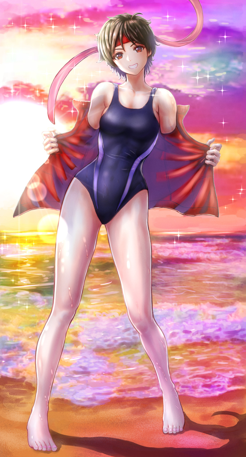 1girl absurdres backlighting barefoot breasts brown_hair collarbone commentary_request full_body gradient gradient_sky head_tilt headband highleg highleg_swimsuit highres jacket kasugano_sakura lips looking_at_viewer medium_breasts ocean one-piece_swimsuit open_clothes open_jacket parted_lips school_swimsuit shadow shiny shiny_hair shiny_skin shore short_hair simple_background sky smile solo sparkle standing street_fighter street_fighter_v sunlight sunset swimsuit teeth thighs toes wajuniorbox water water_drop wet