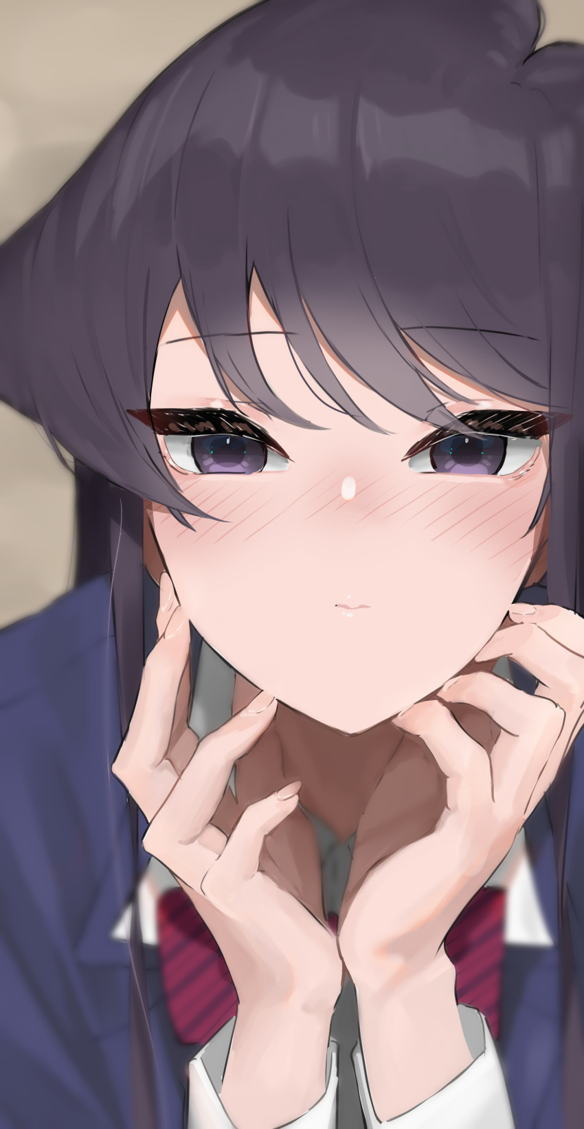 1girl absurdres bangs blurry blush bow close-up closed_mouth collared_shirt depth_of_field diagonal-striped_bow eyebrows_visible_through_hair eyelashes hands_on_own_face highres komi-san_wa_komyushou_desu komi_shouko long_sleeves looking_at_viewer no_nose portrait purple_hair school_uniform shiny shiny_hair shirt sidelocks sleeve_cuffs solo swept_bangs takita_(takita3411) violet_eyes