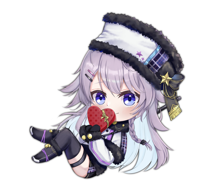 absurdres black_footwear black_gloves black_skirt blue_eyes blue_hair braid candy chibi chocolate chocolate_heart colored_inner_hair eyebrows_visible_through_hair food fur_hat gloves hair_ornament hairclip hat heart highres horo_27 long_hair multicolored_hair nijisanji nijisanji_kr nun_bora purple_hair skirt smile thigh-highs thigh_strap ushanka valentine virtual_youtuber white_background