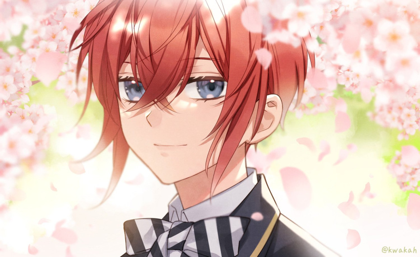 1boy blue_eyes bow bowtie cherry_blossoms flower jacket kwakah looking_at_viewer male_focus redhead riddle_rosehearts shirt simple_background smile solo twisted_wonderland
