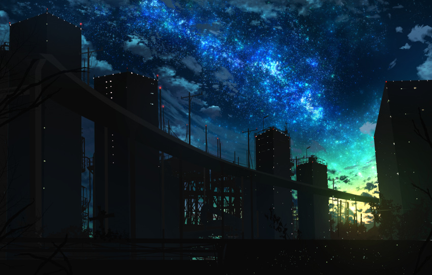 abisswalker8 absurdres architecture blue_sky building clouds commentary_request dark_foreground highres industrial light night night_sky no_humans original outdoors plant power_lines scenery sky star_(sky) starry_sky tree tree_branch utility_pole viaduct