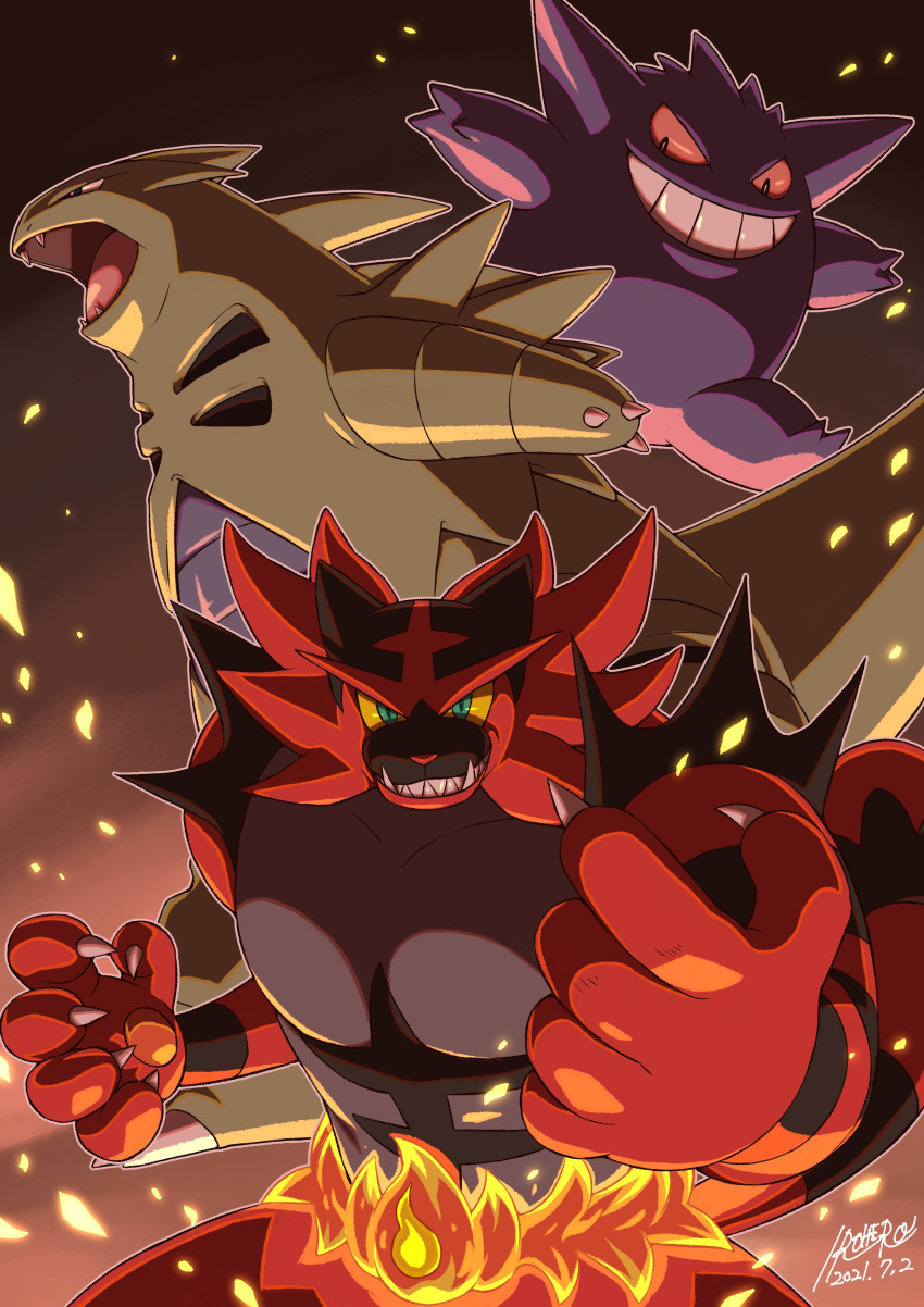 absurdres claws colored_sclera commentary_request dated embers fangs fire furry gen_1_pokemon gen_2_pokemon gen_7_pokemon gengar green_eyes grin highres incineroar irohero looking_at_viewer open_mouth pokemon pokemon_(creature) sharp_teeth signature smile teeth tongue tyranitar yellow_sclera