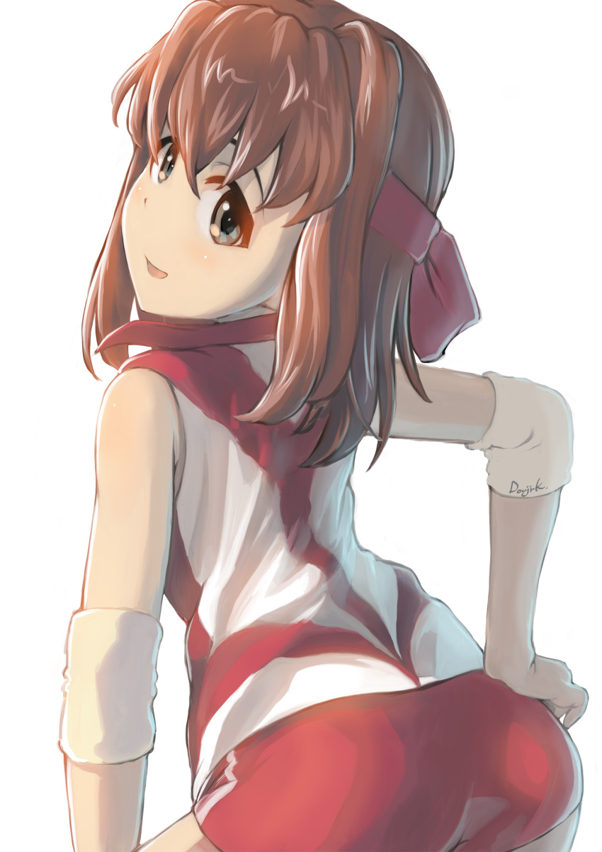 1girl bangs brown_eyes brown_hair commentary elbow_pads from_behind girls_und_panzer hand_on_hip headband highres kondou_taeko kuroneko_douji leaning_forward looking_at_viewer looking_back medium_hair open_mouth red_headband red_shirt red_shorts shirt short_shorts shorts simple_background single_vertical_stripe sleeveless sleeveless_shirt smile solo sportswear standing volleyball_uniform white_background