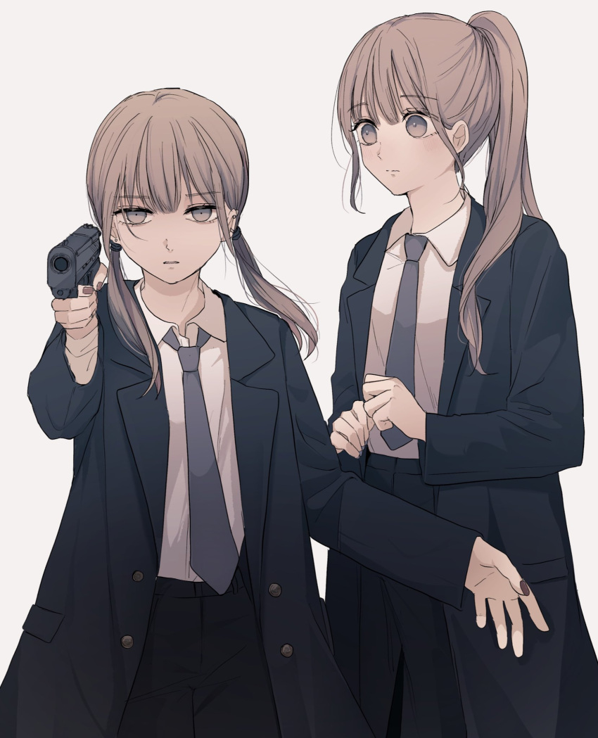 2girls bangs black_jacket black_neckwear black_pants brown_eyes brown_hair closed_mouth collared_shirt commentary_request eyebrows_visible_through_hair grey_background gun half-closed_eyes handgun highres holding holding_gun holding_weapon jacket long_hair low_twintails multiple_girls necktie open_clothes open_jacket original pants parted_lips pistol ponytail shirt simple_background tsuruse twintails weapon weapon_request white_shirt