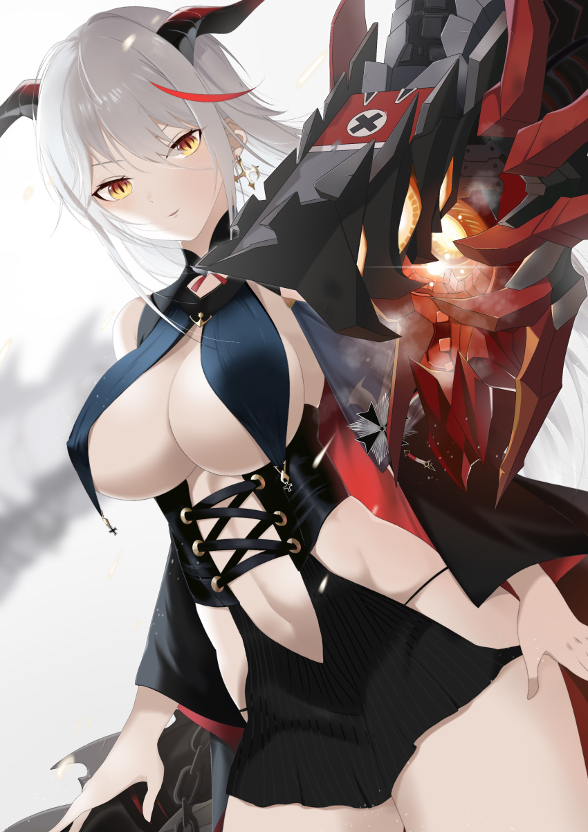 1girl absurdres aegir_(azur_lane) azur_lane bare_shoulders black_cape breast_curtains breasts cape chain cross cross_earrings demon_horns dress dutch_angle earrings grey_background highres horns jewelry large_breasts long_hair looking_at_viewer mechanical_animal medal microdress multicolored_hair oxygen_mask_(oxygenmask233) panties redhead revealing_clothes simple_background sleeves solo streaked_hair string_panties underwear very_long_hair white_hair yellow_eyes