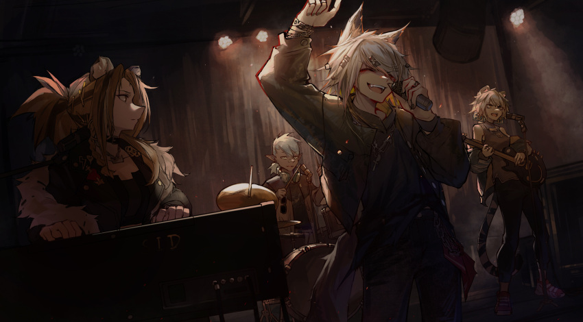 1boy 3girls ambience_synesthesia animal_ear_fluff animal_ears arknights bandaid bandaid_on_nose bangs black_choker black_jacket black_shirt black_tank_top blonde_hair blue_hair bracelet choker closed_eyes drum drum_set drumsticks earrings ethan_(ambience_synesthesia)_(arknights) ethan_(arknights) fur-trimmed_jacket fur_trim guitar hair_ornament hands_up headphones headphones_around_neck highres holding indra_(ambience_synesthesia)_(arknights) indra_(arknights) instrument jacket jewelry lappland_(ambience_synesthesia)_(arknights) lappland_(arknights) lion_ears long_hair looking_at_another microphone multiple_girls multiple_rings music necklace open_clothes open_jacket open_mouth piano playing_instrument pointy_ears qingfeng_canying red_footwear ring shirt siege_(ambience_synesthesia)_(arknights) siege_(arknights) singing stage stage_lights sunglasses tail tank_top tiger_ears tiger_tail wolf_ears wolf_tail yellow_eyes