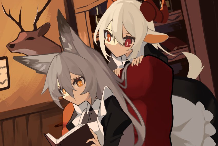 2girls :/ absurdres animal_ears black_sleeves book buttons chair deer ghost_(tama) goat_ears goat_girl goat_horns goat_tail grey_hair hair_between_eyes highres holding holding_book horns indoors juliet_sleeves light_smile long_hair long_sleeves looking_at_another looking_down maid medium_hair multiple_girls open_book original puffy_sleeves reading red_eyes sitting slit_pupils smile white_hair wing_collar wolf wolf_ears wolf_girl yellow_eyes