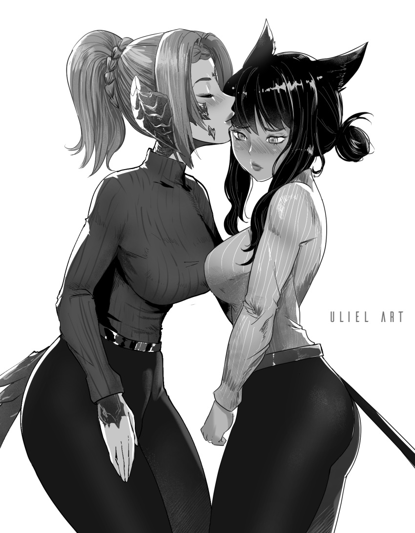 2girls animal_ear_fluff animal_ears artist_name ass au_ra blush braid breasts cat_ears cat_tail closed_eyes closed_mouth commission eyebrows_visible_through_hair final_fantasy final_fantasy_xiv forehead_kiss hair_bun hatching_(texture) highres horns kiss long_hair miqo'te multiple_girls ponytail scales simple_background tail turtleneck uliel white_background yuri