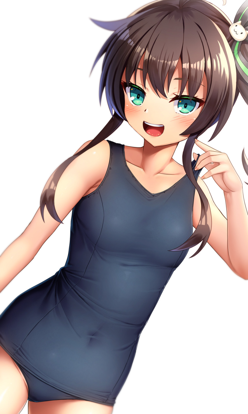 1girl :d ahoge blush brown_hair eyebrows_visible_through_hair green_eyes hair_ribbon highres hololive natsuiro_matsuri noshimasa one-piece_swimsuit open_mouth ribbon school_swimsuit side_ponytail sidelocks simple_background smile solo swimsuit thighs upper_body white_background